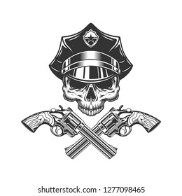 Skull without jaw in policeman hat with crossed revolvers in vintage monochrome style isolated vector illustration