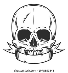Skull without jaw and ribbon vintage monochrome style illustration
