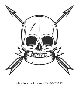 Skull without jaw and ribbon   vintage hunting arrow in monochrome style isolated vector illustration  Design element for label sign   emblem