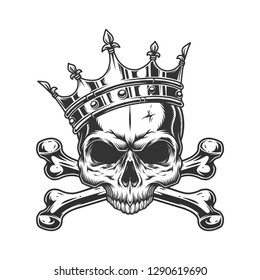 Skull without jaw in royal crown with crossbones in vintage monochrome style isolated vector illustration