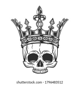 Skull without jaw in royal crown in vintage monochrome style isolated vector illustration
