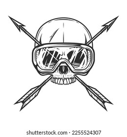 Skull without jaw and safety glasses   vintage hunting arrow in monochrome style isolated vector illustration  Design element for label sign   emblem