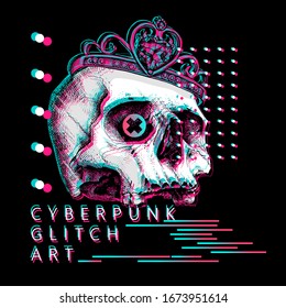 Skull without lower jaw in crown  Cyberpunk glitch art  Creative poster  t  shirt composition  hand drawn style print  Vector illustration 