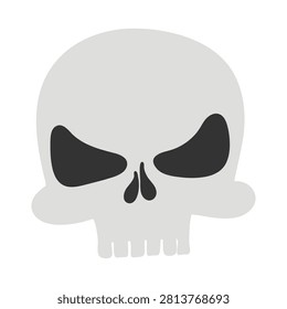 A skull without a lower jaw with an unkind look. Hand drawn vector flat. Evil face. Scary head. Bones, skeleton, remains. Color illustration.