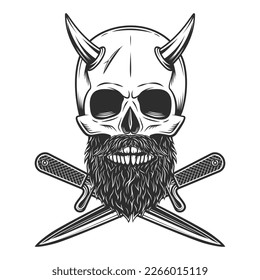 Skull witn horns and mustache with beard, crossed knife dagger isolated on white background monochrome vintage illustration