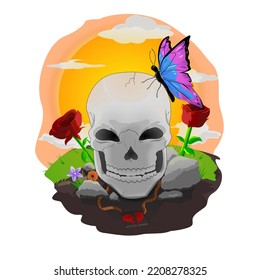 A skull witnessing a beautiful sunset and a butterfly relaxing on top of it