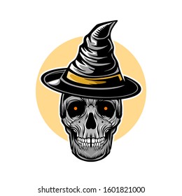 Skull with wizard hat vector illustration isolated on white background