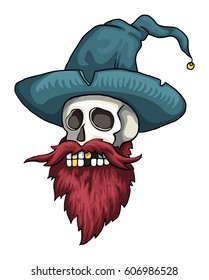 Skull, with a wizards hat, red beard, isolated on white, vector illustration