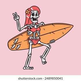 Skull woman carrying a surfboard illustration