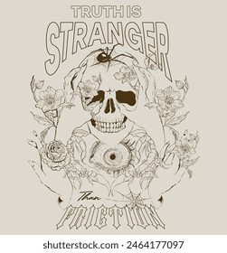 Skull, woman hands, flower, scorpion, spider, spider web and typography all combined to make this tee shirt print.