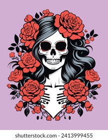 Mujer de cráneo con flores de rosa. Ilustración vectorial para el diseño de tatuajes o camisetas.