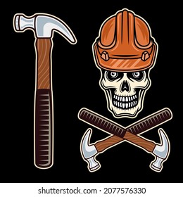 Skull of worker in hard hat and claw hammer set of vector objects or design elements in colorful cartoon style isolated on dark background