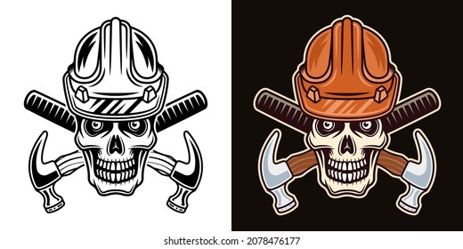 Skull in worker hard hat and two crossed hammers vector illustration in two styles black on white and colorful on dark background