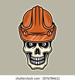 Skull in worker hard hat vector illustration in colorful cartoon style isolated on light background