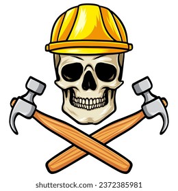 Skull Worker Helmet Crossed Hammer Vector Illustration Logo
