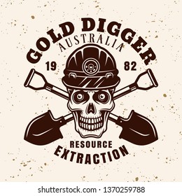 Skull of worker in helmet and two crossed shovels vector emblem, badge, label or logo in vintage style for gold mining industry on background with grunge texture