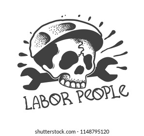Skull worker with an instrument. In the style of a traditional tattoo.