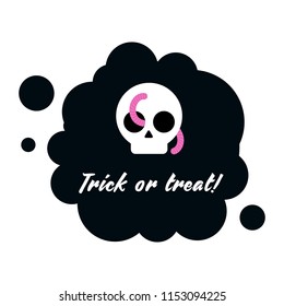 Skull with a worm in the eye socket on a black background with the inscription Treat or revenge. Halloween sticker. Vector