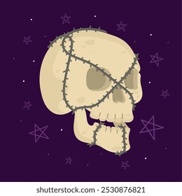 Skull wrapped in barbed wire with mystical background, Vector