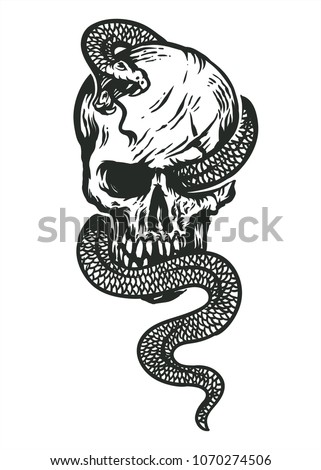 skull wrapped by snake hand drawing  line art black and white