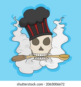 A skull wrapped in a chef hat and spatula is blowing smoke out of mouth isolated on blue background, horror cartoon vector illustration.