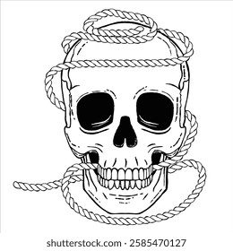Skull wrapped in rope bandana in black and white hand drawn sketch suitable for tattoo or military graphic element.