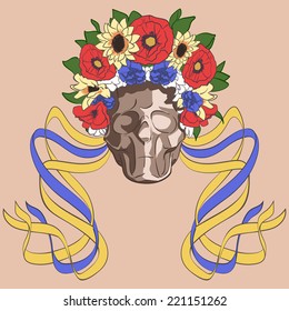 Skull in wreatch of flowers and ribbons - element of traditional ukrainian women costume. EPS8 vector illustration.