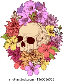 
skull with a wreath of dahlia, rhododendron and hibiscus flowers