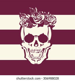 skull with a wreath of roses on her head