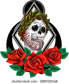skull with wreath and roses vector illustration