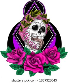 skull with wreath and roses vector illustration