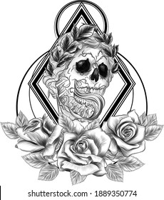 skull with wreath and roses vector illustration