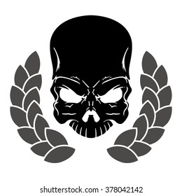 Skull and a wreath for the winner banner. Vector heraldic symbol.