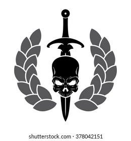 Skull and a wreath for the winner banner. Vector heraldic symbol.