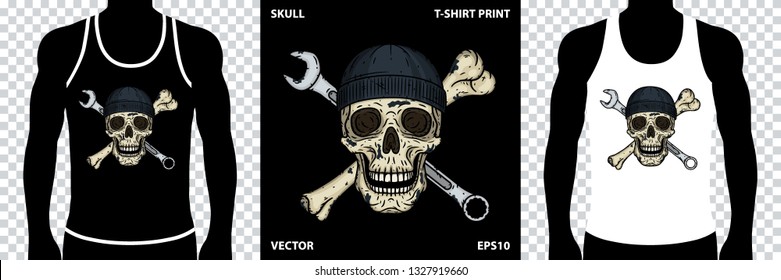 Skull with wrench and bone. Vector illustration for printing on t-shirts, stickers, posters and more.