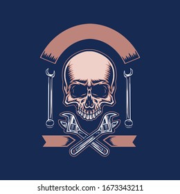 Skull with wrench, isolated on dark background