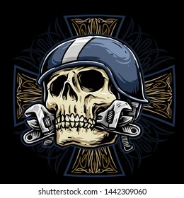 skull with wrench and retro helmet biker with tribal pin striping background