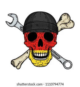 Skull with wrenche, bone, hat and Germany flag. Vector skull with spanner