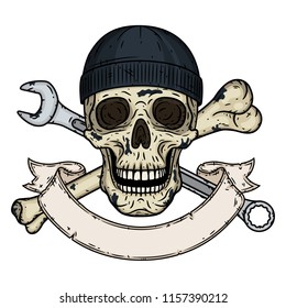 Skull with wrenche, bone and ribbon for your text. Vector skull with spanner.   Skull logo. Human skull