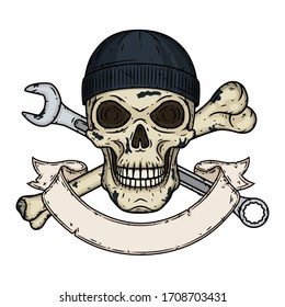 Skull with wrenche, bone and ribbon for your text. Vector skull with spanner.   Skull logo. Human skull