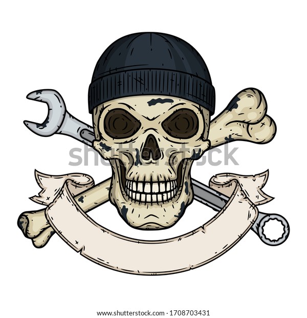 Skull with wrenche,\
bone and ribbon for your text. Vector skull with spanner.   Skull\
logo. Human skull