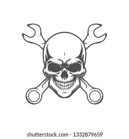 Skull with wrenches. Retro logo, emblem, label. Isolated on white background. 