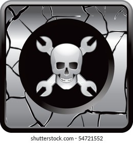 skull and wrenches silver cracked web button