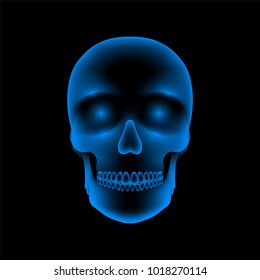 Skull X-ray concept design illustration blue color isolated glow in the dark background, with copy space
