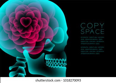 Skull X-ray with Heart flower symbol, love concept design, side view illustration isolated glow in the dark background, with copy space