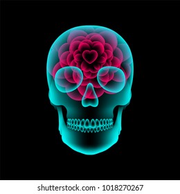 Skull X-ray with Heart flower symbol, love concept design, front view illustration isolated glow in the dark background, with copy space