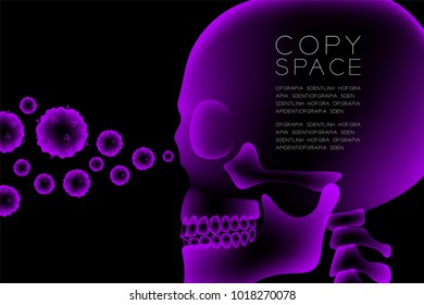 Skull X-ray with Microscope Disease cells concept design, side view illustration isolated glow in the dark background, with copy space