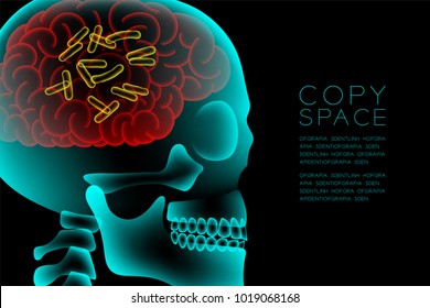 Skull X-ray with Microscope Disease cells in Brain concept design, side view illustration isolated glow in the dark background, with copy space