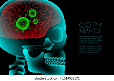 Skull X-ray with Microscope Disease cells in Brain concept design, side view illustration isolated glow in the dark background, with copy space