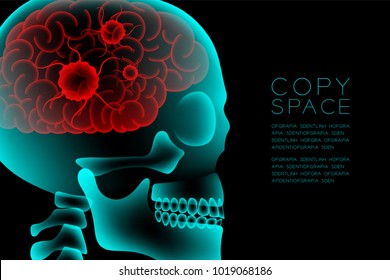 Skull X-ray with Microscope Disease cells in Brain concept design, side view illustration isolated glow in the dark background, with copy space